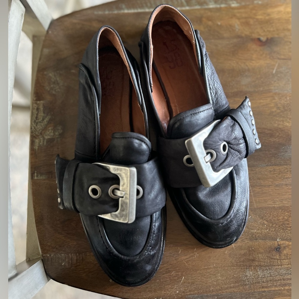 Black Leather Loafers with Buckle Detail